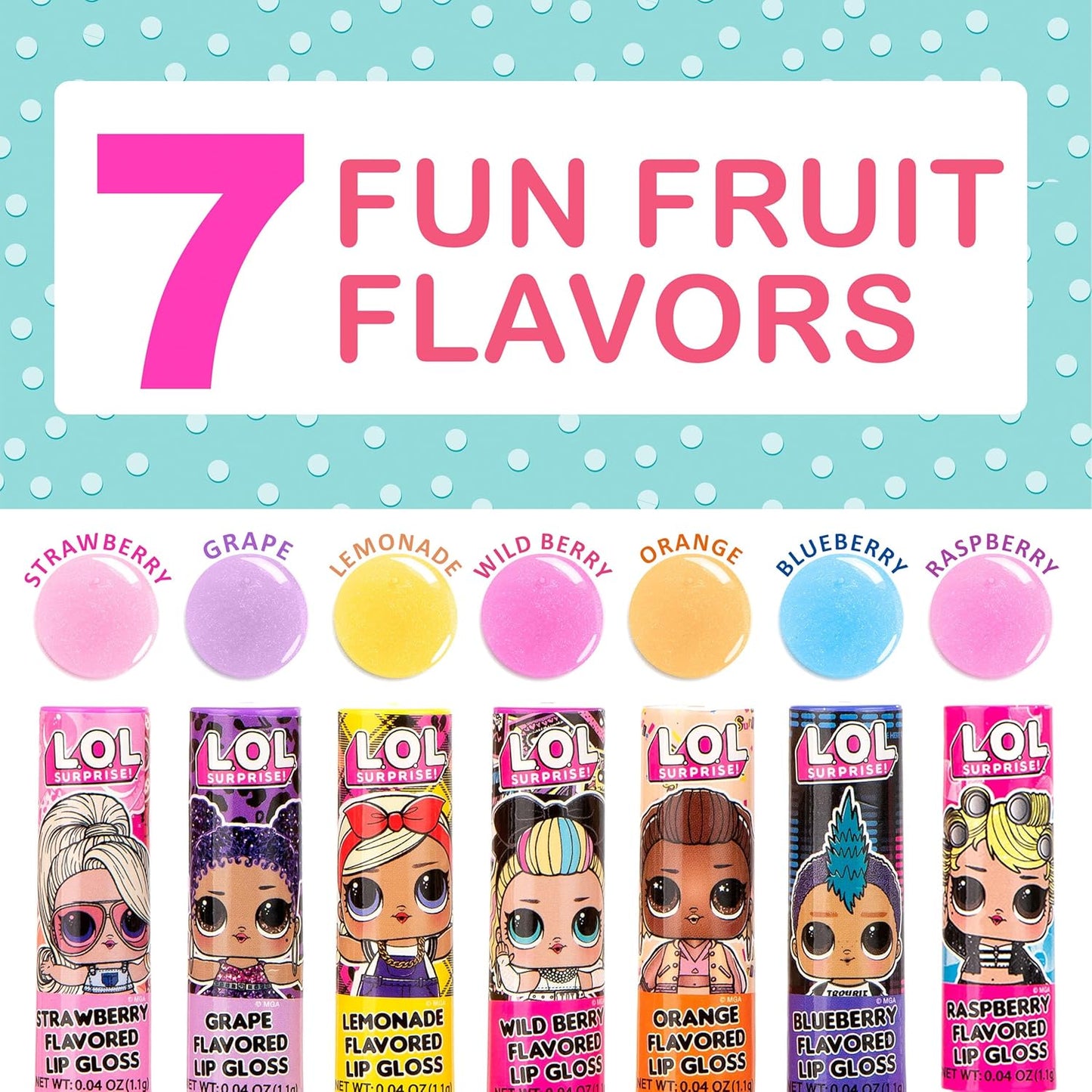 L.O.L. Surprise 7-Pack Lip Gloss Set for Girls | Non-Toxic Kids Makeup Featuring L.O.L. Characters