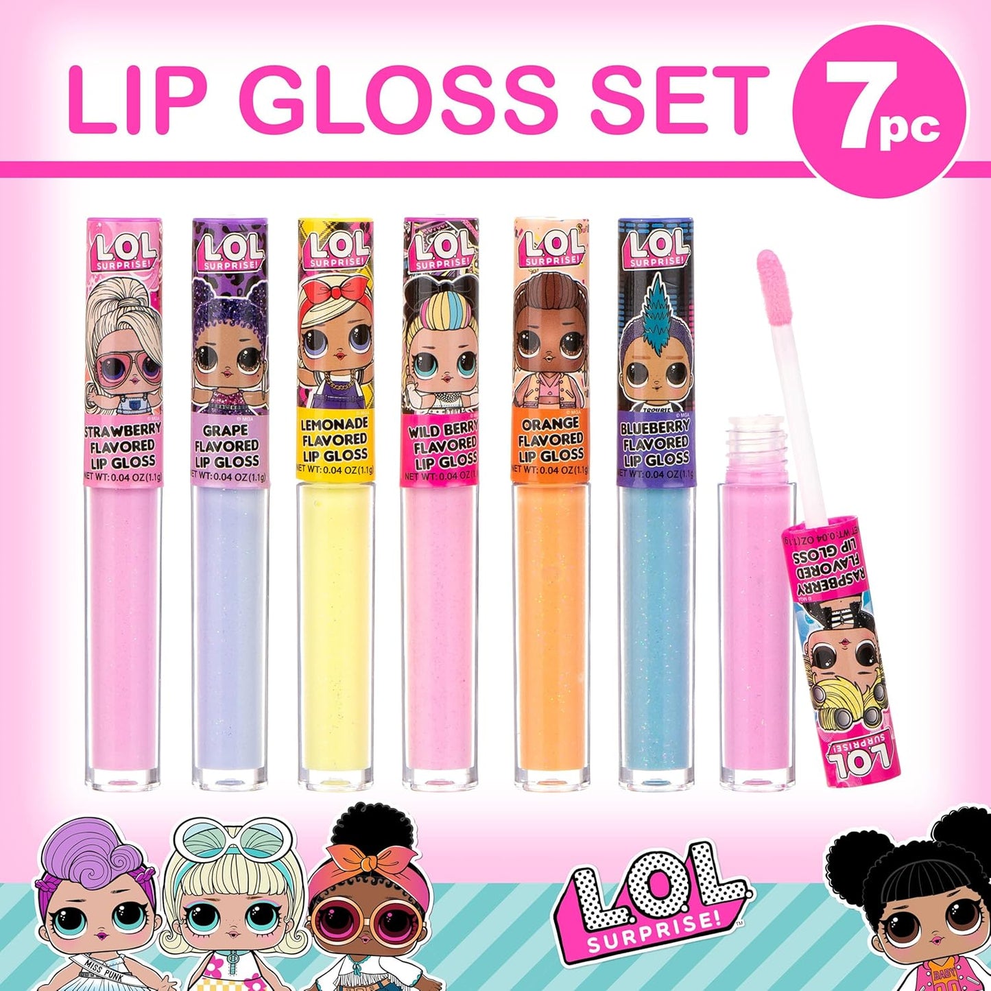L.O.L. Surprise 7-Pack Lip Gloss Set for Girls | Non-Toxic Kids Makeup Featuring L.O.L. Characters