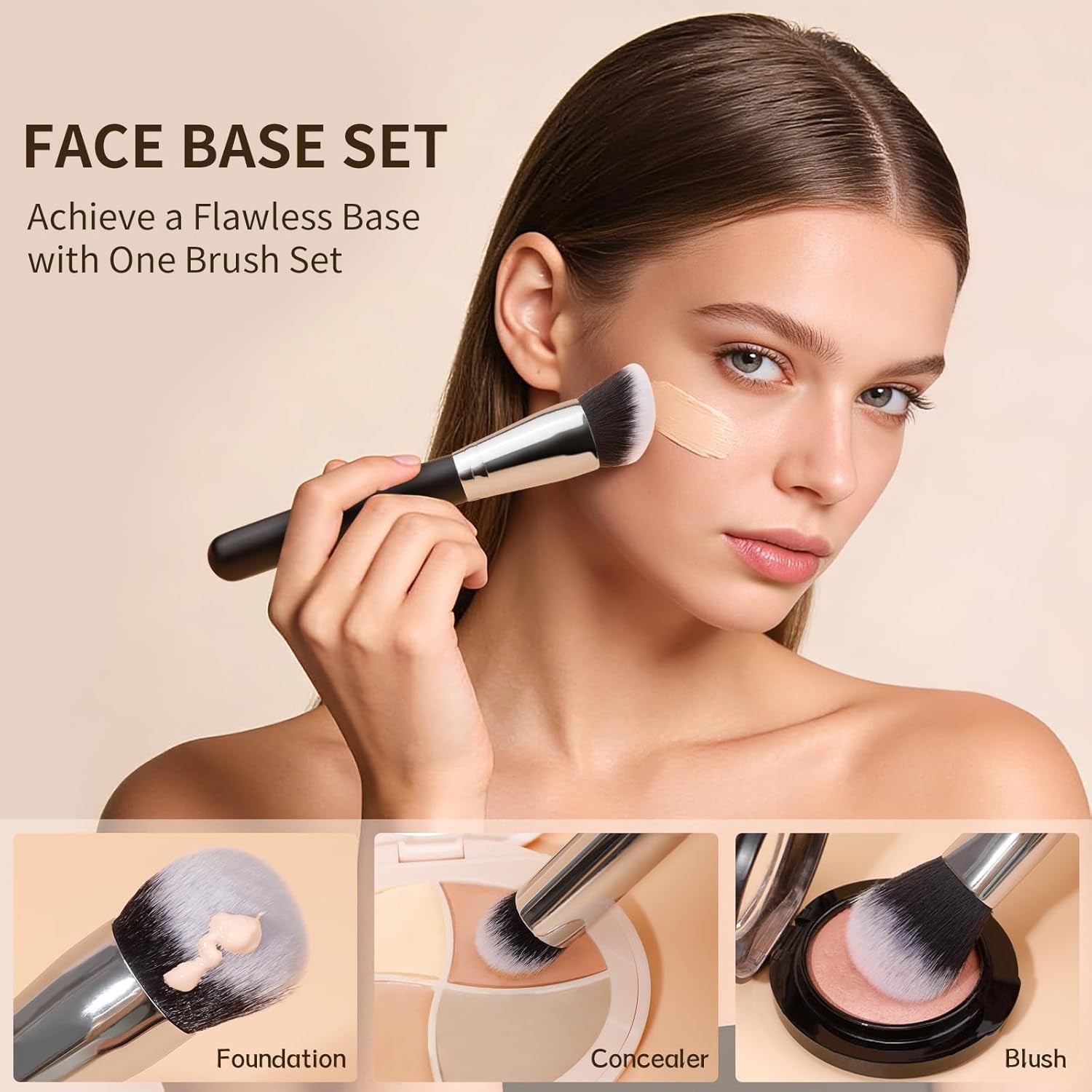 3-Piece Professional Foundation and Contour Brush Set, Angled Synthetic Kabuki Brushes for Blending, Setting, and Buffing with Liquid, Cream, and Powder Cosmetics (Black)