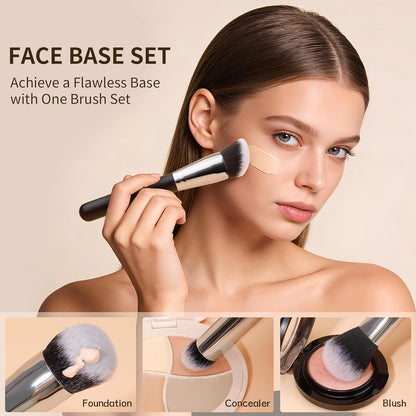 3-Piece Professional Foundation and Contour Brush Set, Angled Synthetic Kabuki Brushes for Blending, Setting, and Buffing with Liquid, Cream, and Powder Cosmetics (Black)