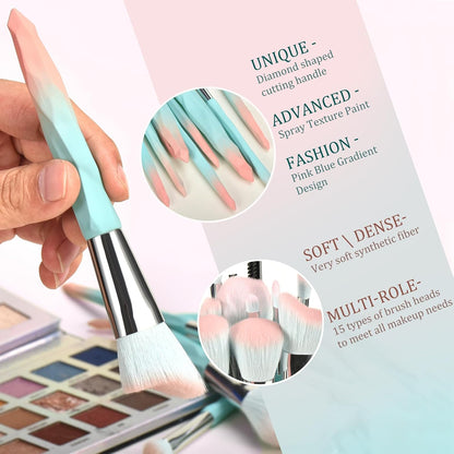18-Piece Pink and Blue Gradient Makeup Brush and Sponge Set, Soft Synthetic Fibers, Ideal for Beginners and Professionals, Perfect for Valentine's Day and Christmas Gifts