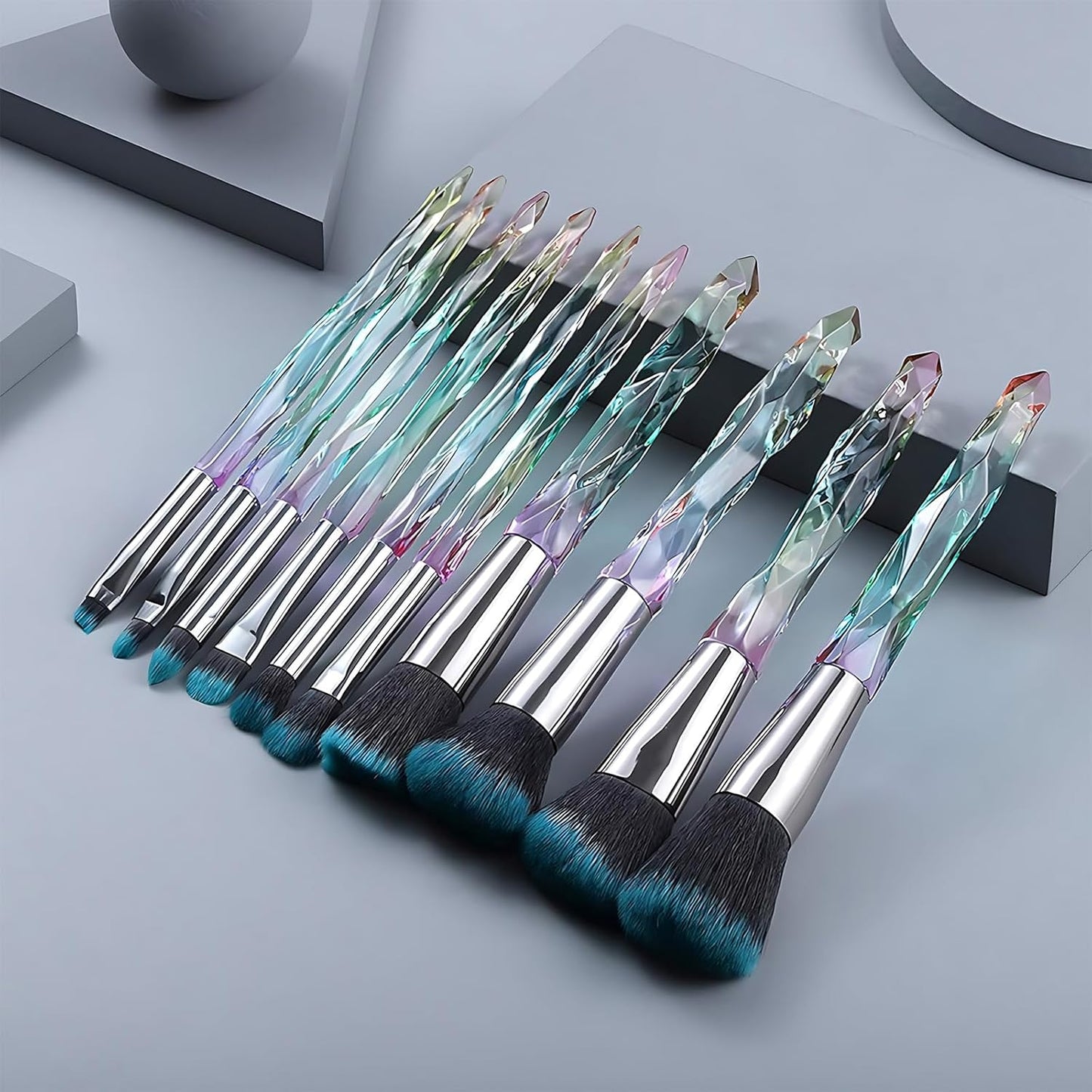 10-Piece Premium Synthetic Makeup Brush Set with Crystal Handles - Professional Face and Eye Brushes for Foundation, Concealer, and Eyeshadow