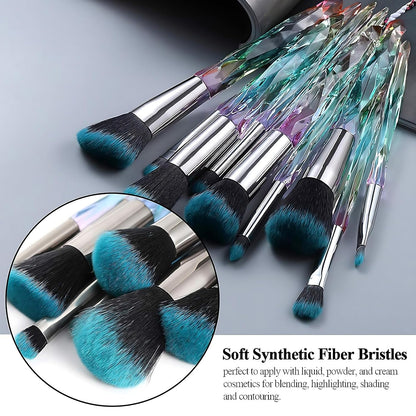 10-Piece Premium Synthetic Makeup Brush Set with Crystal Handles - Professional Face and Eye Brushes for Foundation, Concealer, and Eyeshadow