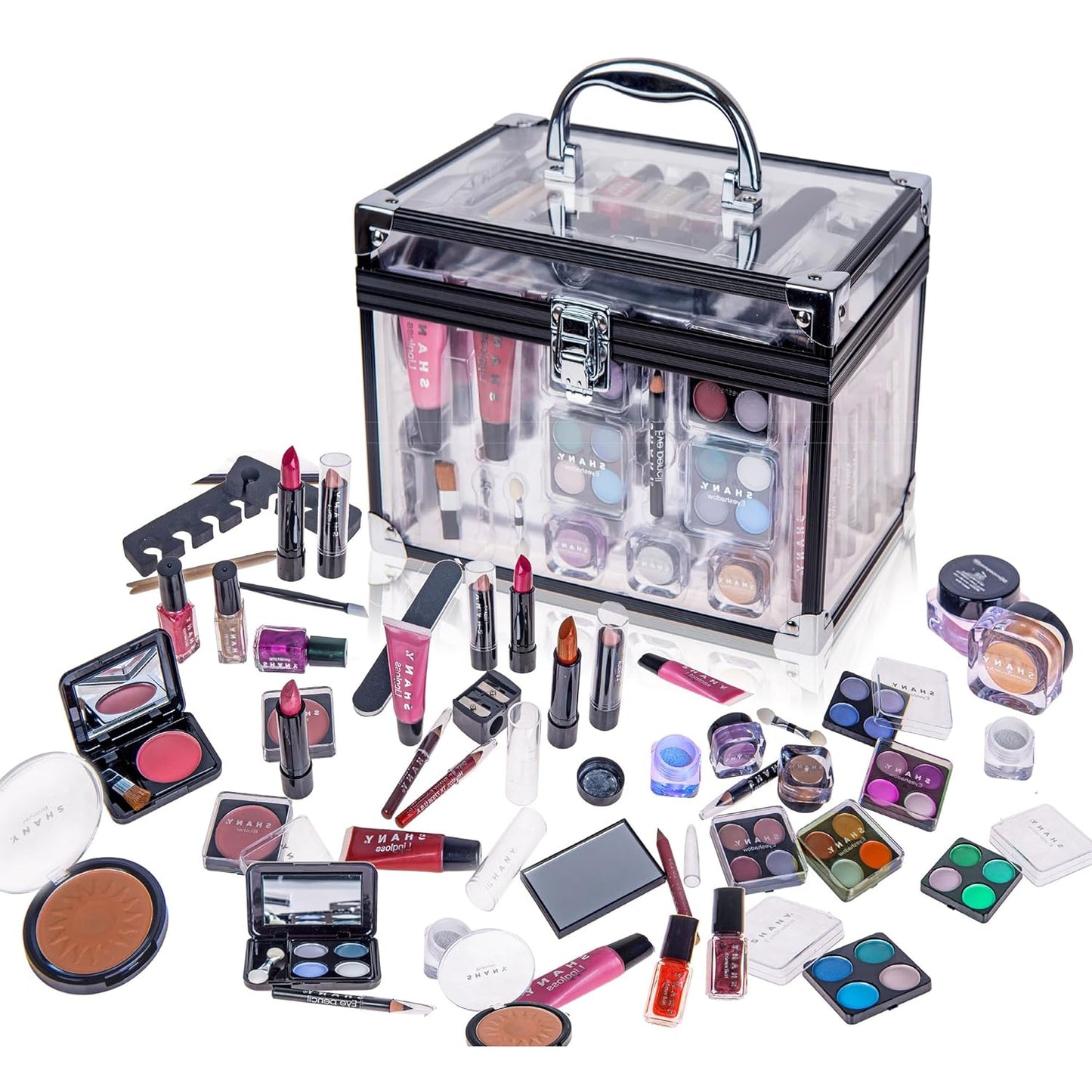 Professional Makeup Train Case with Reusable Aluminum Storage Organizer, Complete Set Including Eye Palettes, Blushes, Face Powders, Manicure and Pedicure Tools, and Cosmetics Brushes - Ideal Gift Set