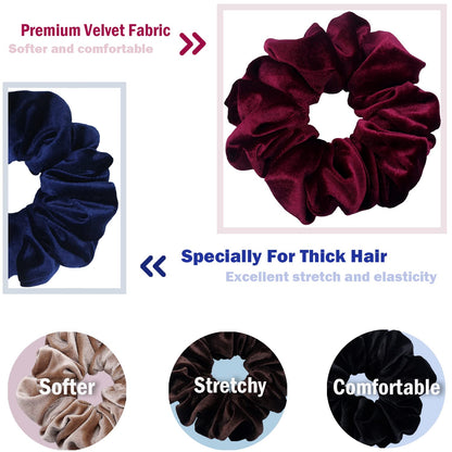 Premium Velvet Extra Large Scrunchies for Thick Hair - 6 Inch Jumbo Elastic Hair Accessories, Set of 4, Dark Color