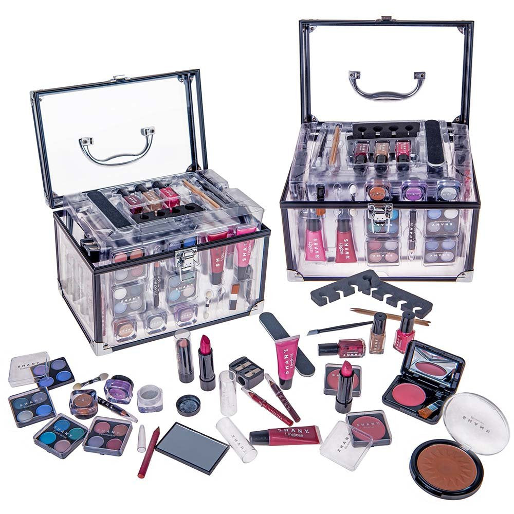 Professional Makeup Train Case with Reusable Aluminum Storage Organizer, Complete Set Including Eye Palettes, Blushes, Face Powders, Manicure and Pedicure Tools, and Cosmetics Brushes - Ideal Gift Set