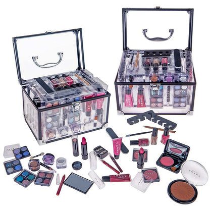 Professional Makeup Train Case with Reusable Aluminum Storage Organizer, Complete Set Including Eye Palettes, Blushes, Face Powders, Manicure and Pedicure Tools, and Cosmetics Brushes - Ideal Gift Set