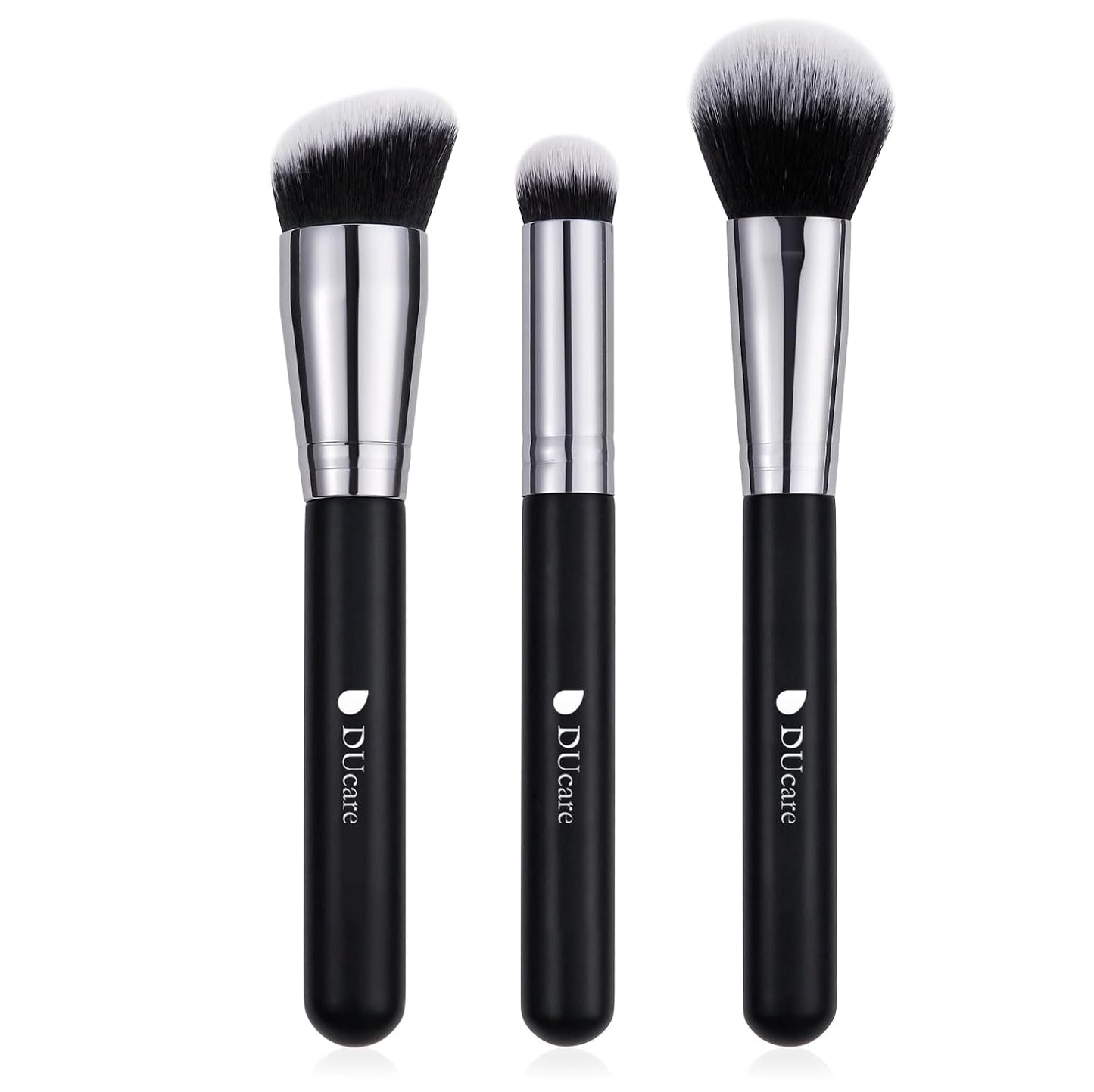 3-Piece Professional Foundation and Contour Brush Set, Angled Synthetic Kabuki Brushes for Blending, Setting, and Buffing with Liquid, Cream, and Powder Cosmetics (Black)