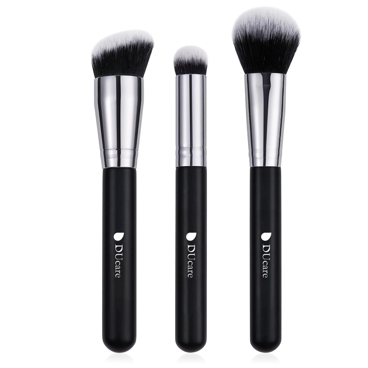 3-Piece Professional Foundation and Contour Brush Set, Angled Synthetic Kabuki Brushes for Blending, Setting, and Buffing with Liquid, Cream, and Powder Cosmetics (Black)