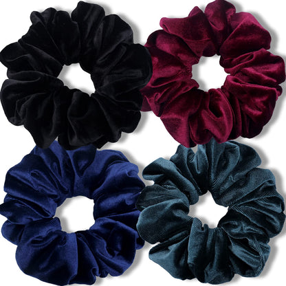 Premium Velvet Extra Large Scrunchies for Thick Hair - 6 Inch Jumbo Elastic Hair Accessories, Set of 4, Dark Color