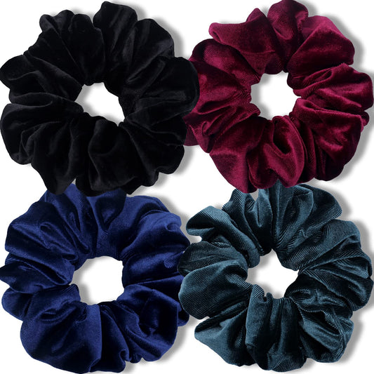 Premium Velvet Extra Large Scrunchies for Thick Hair - 6 Inch Jumbo Elastic Hair Accessories, Set of 4, Dark Color