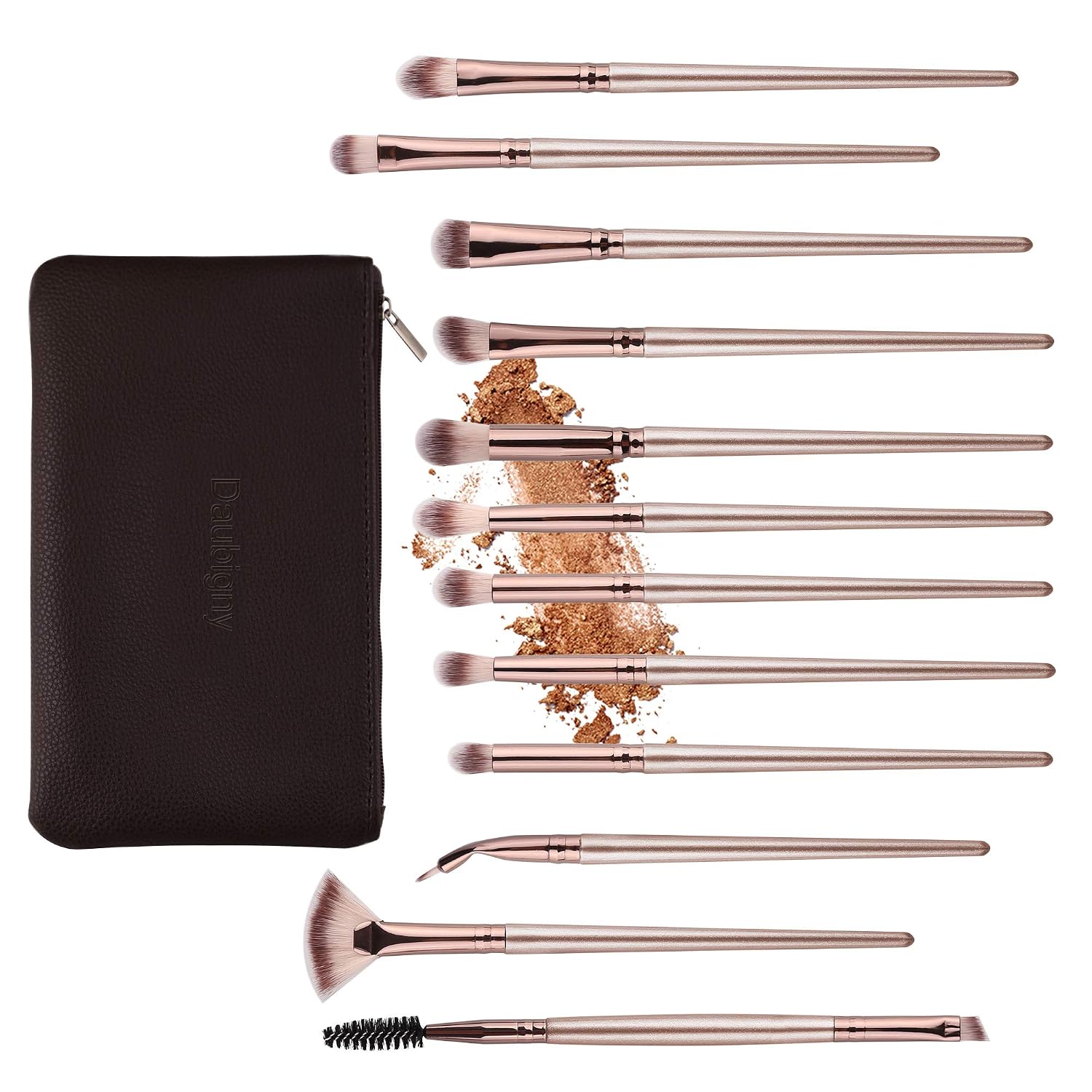 12-Piece Professional Eye Makeup Brush Set for Eyeshadow, Concealer, Eyebrow, Foundation, and Powder with Carrying Bag in Champagne Gold
