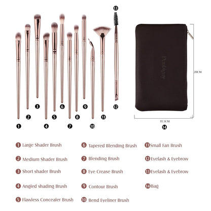 12-Piece Professional Eye Makeup Brush Set for Eyeshadow, Concealer, Eyebrow, Foundation, and Powder with Carrying Bag in Champagne Gold