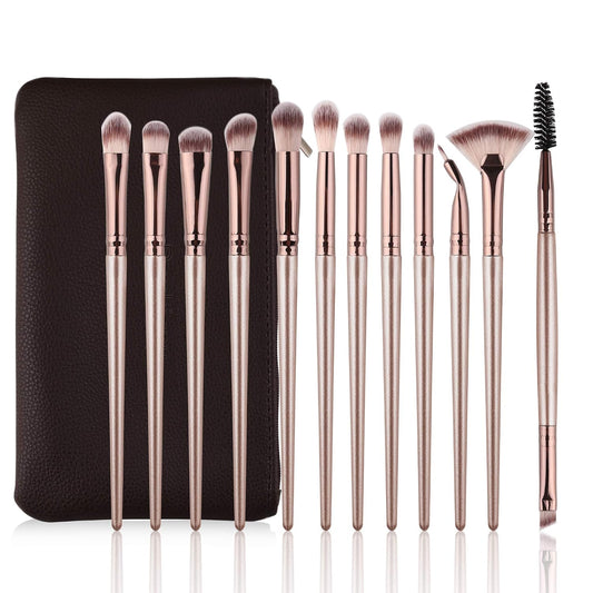12-Piece Professional Eye Makeup Brush Set for Eyeshadow, Concealer, Eyebrow, Foundation, and Powder with Carrying Bag in Champagne Gold