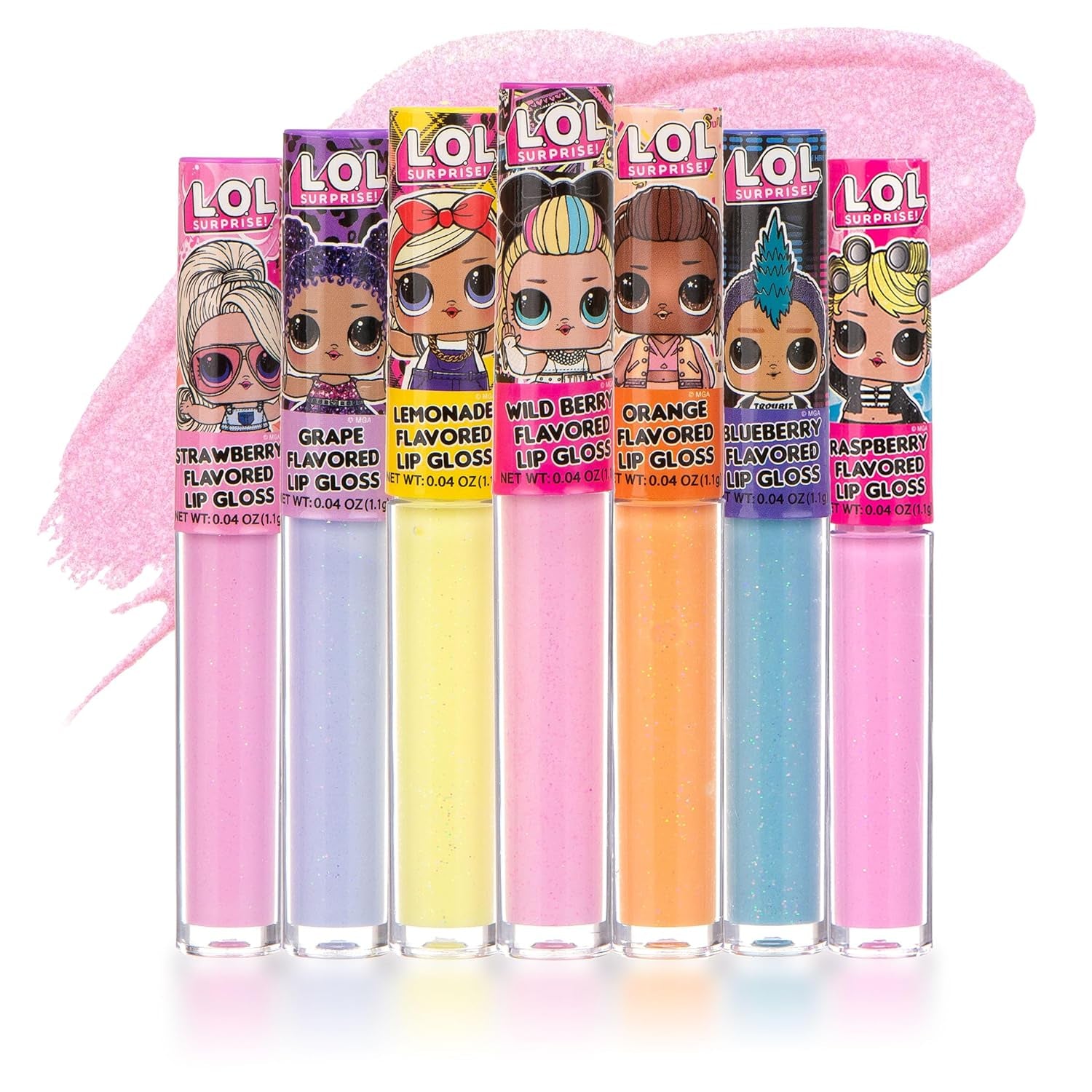 L.O.L. Surprise 7-Pack Lip Gloss Set for Girls | Non-Toxic Kids Makeup Featuring L.O.L. Characters
