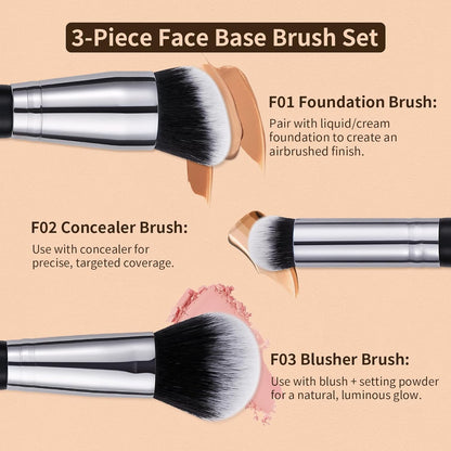 3-Piece Professional Foundation and Contour Brush Set, Angled Synthetic Kabuki Brushes for Blending, Setting, and Buffing with Liquid, Cream, and Powder Cosmetics (Black)