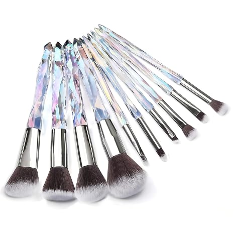 10-Piece Premium Synthetic Makeup Brush Set with Crystal Handles - Professional Face and Eye Brushes for Foundation, Concealer, and Eyeshadow