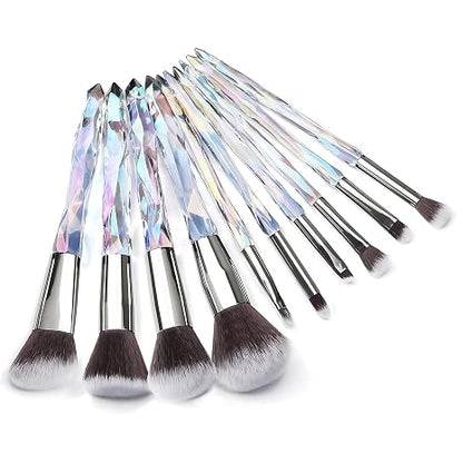 10-Piece Premium Synthetic Makeup Brush Set with Crystal Handles - Professional Face and Eye Brushes for Foundation, Concealer, and Eyeshadow