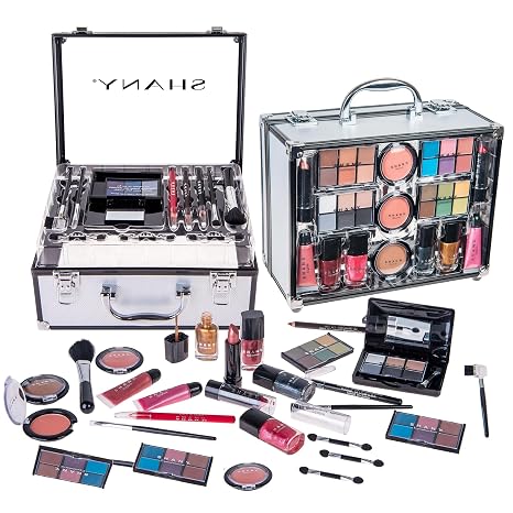 Professional Makeup Train Case with Reusable Aluminum Storage Organizer, Complete Set Including Eye Palettes, Blushes, Face Powders, Manicure and Pedicure Tools, and Cosmetics Brushes - Ideal Gift Set