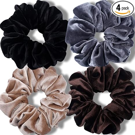 Premium Velvet Extra Large Scrunchies for Thick Hair - 6 Inch Jumbo Elastic Hair Accessories, Set of 4, Dark Color