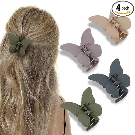 Butterfly Hair Clips - Set of 4 Non-Slip Matte Jaw Clamps for Women and Girls, 2.6" Strong Grip Accessories for Thin to Medium Hair