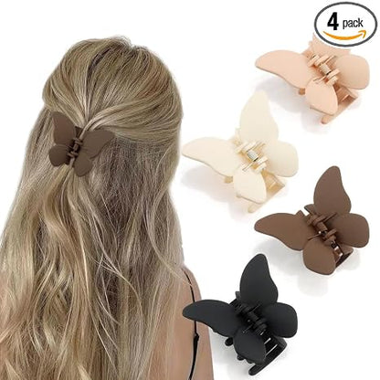 Butterfly Hair Clips - Set of 4 Non-Slip Matte Jaw Clamps for Women and Girls, 2.6" Strong Grip Accessories for Thin to Medium Hair