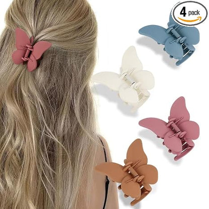 Butterfly Hair Clips - Set of 4 Non-Slip Matte Jaw Clamps for Women and Girls, 2.6" Strong Grip Accessories for Thin to Medium Hair