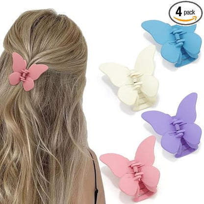 Butterfly Hair Clips - Set of 4 Non-Slip Matte Jaw Clamps for Women and Girls, 2.6" Strong Grip Accessories for Thin to Medium Hair