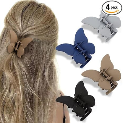 Butterfly Hair Clips - Set of 4 Non-Slip Matte Jaw Clamps for Women and Girls, 2.6" Strong Grip Accessories for Thin to Medium Hair