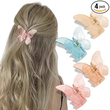 Butterfly Hair Clips - Set of 4 Non-Slip Matte Jaw Clamps for Women and Girls, 2.6" Strong Grip Accessories for Thin to Medium Hair