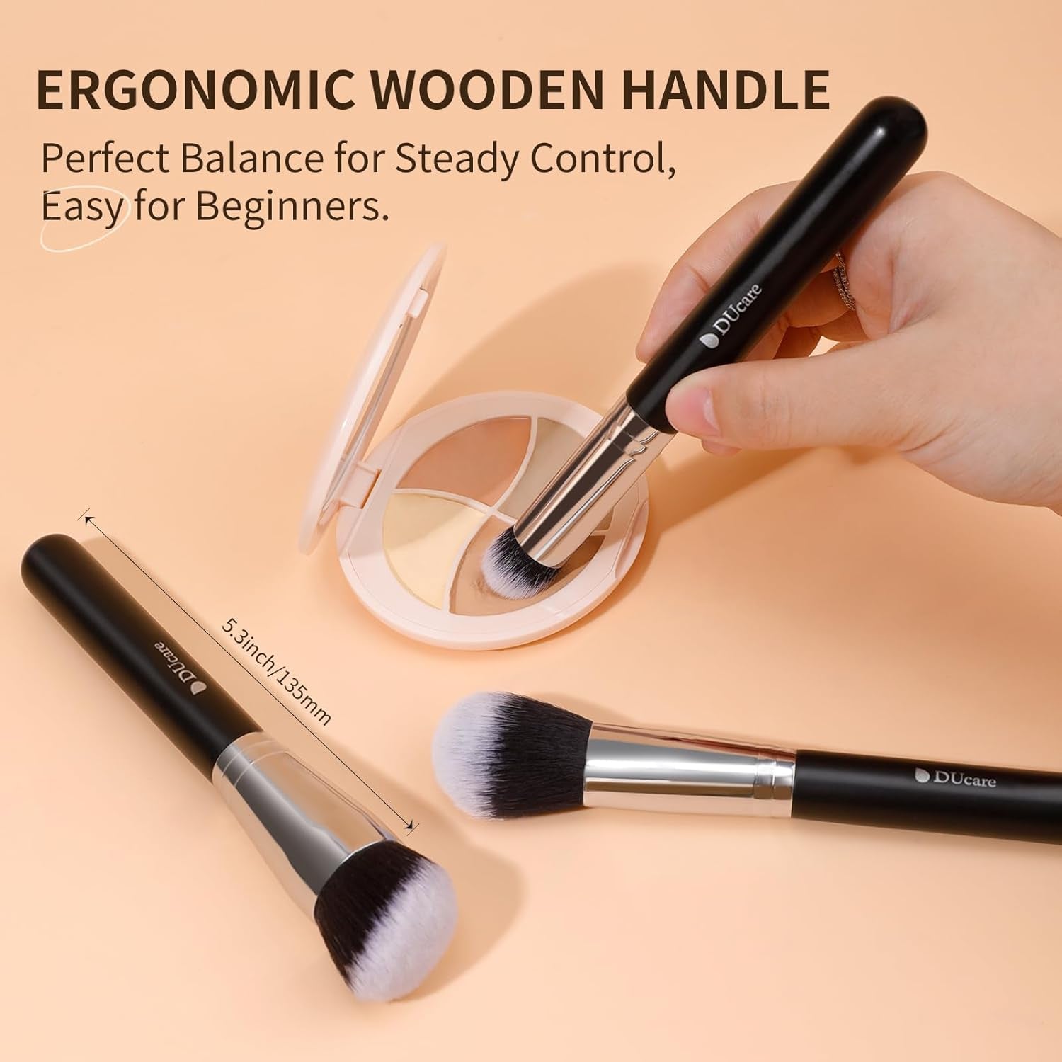 3-Piece Professional Foundation and Contour Brush Set, Angled Synthetic Kabuki Brushes for Blending, Setting, and Buffing with Liquid, Cream, and Powder Cosmetics (Black)