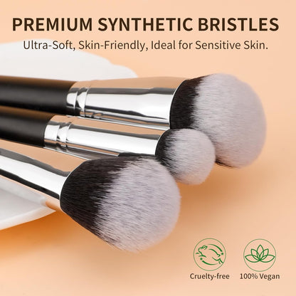 3-Piece Professional Foundation and Contour Brush Set, Angled Synthetic Kabuki Brushes for Blending, Setting, and Buffing with Liquid, Cream, and Powder Cosmetics (Black)
