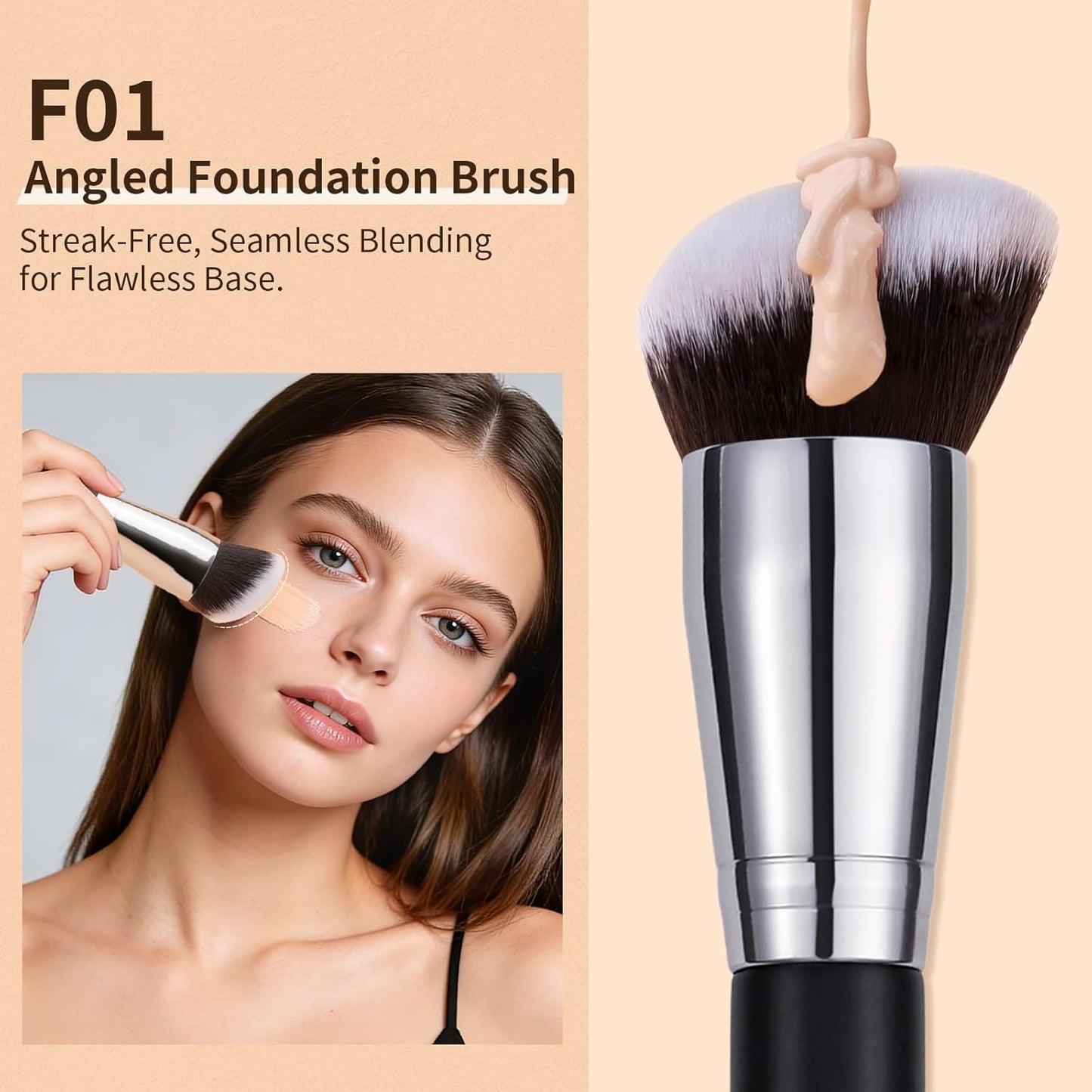 3-Piece Professional Foundation and Contour Brush Set, Angled Synthetic Kabuki Brushes for Blending, Setting, and Buffing with Liquid, Cream, and Powder Cosmetics (Black)