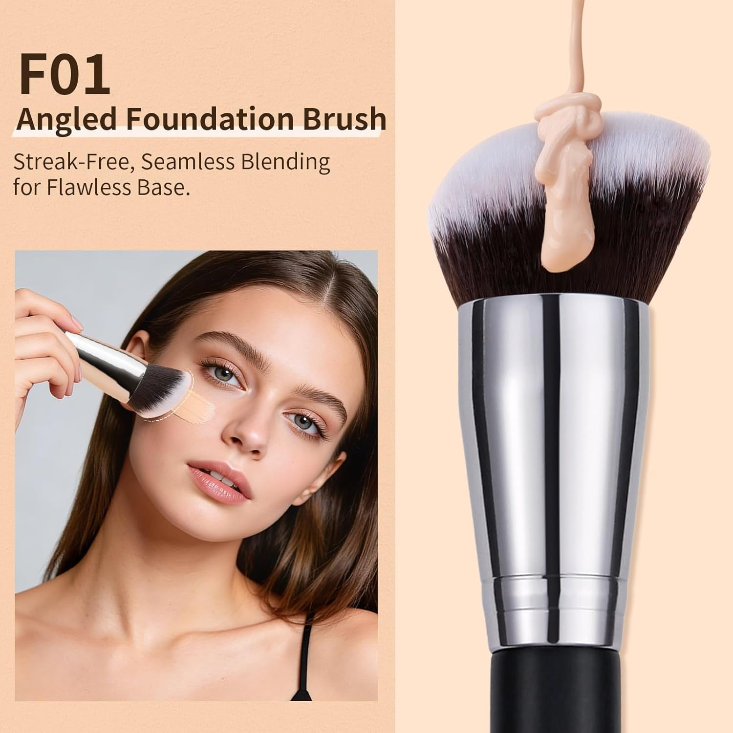 3-Piece Professional Foundation and Contour Brush Set, Angled Synthetic Kabuki Brushes for Blending, Setting, and Buffing with Liquid, Cream, and Powder Cosmetics (Black)