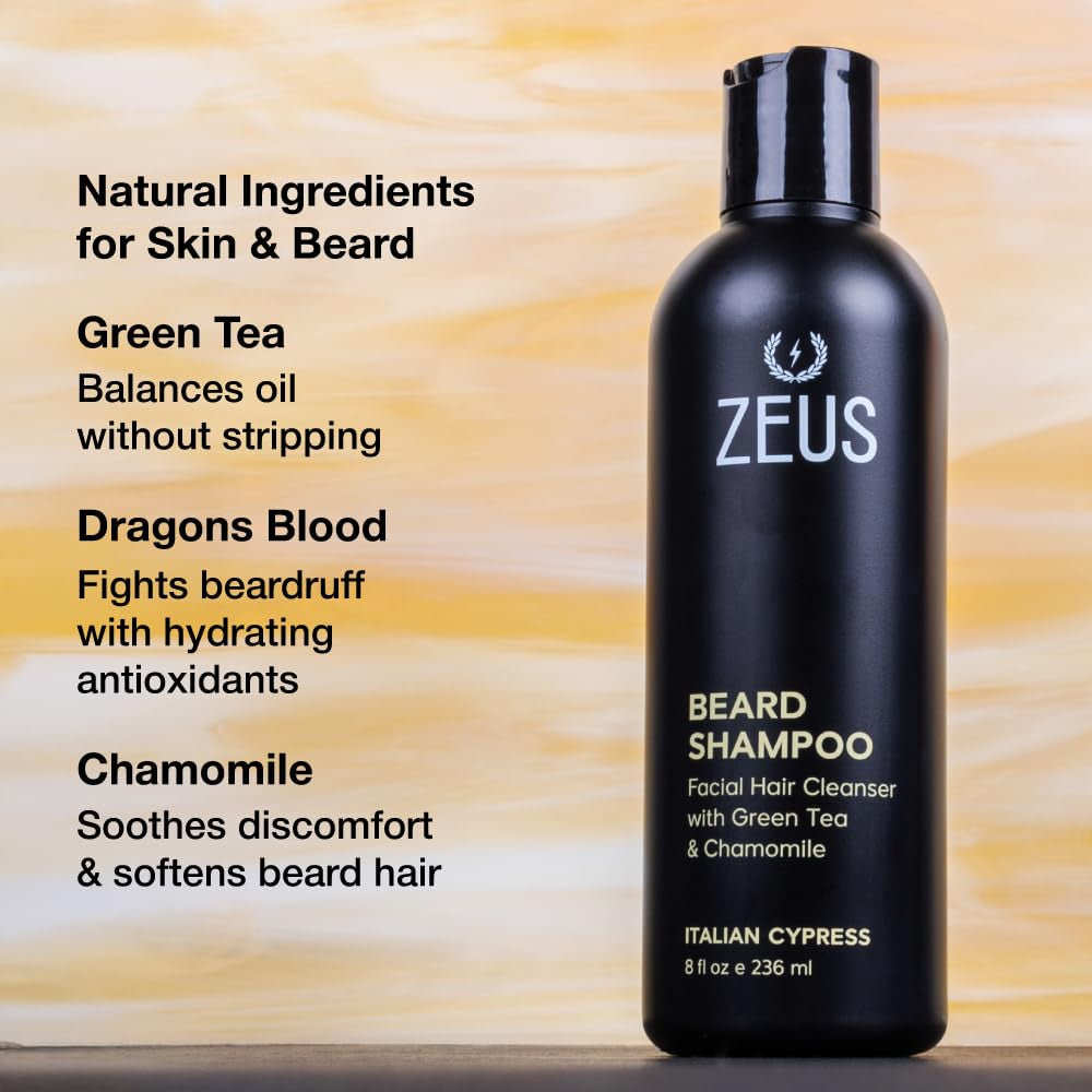 Beard Shampoo Wash for Men with Natural Oils - 8 Fl Oz Sandalwood Formula | Cleansing and Moisturizing Beard Wash with Green Tea and Chamomile for Healthier, Softer, Flake-Free Beard Growth - Made in USA