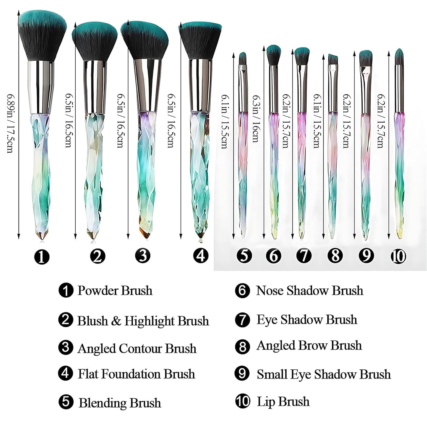 10-Piece Premium Synthetic Makeup Brush Set with Crystal Handles - Professional Face and Eye Brushes for Foundation, Concealer, and Eyeshadow