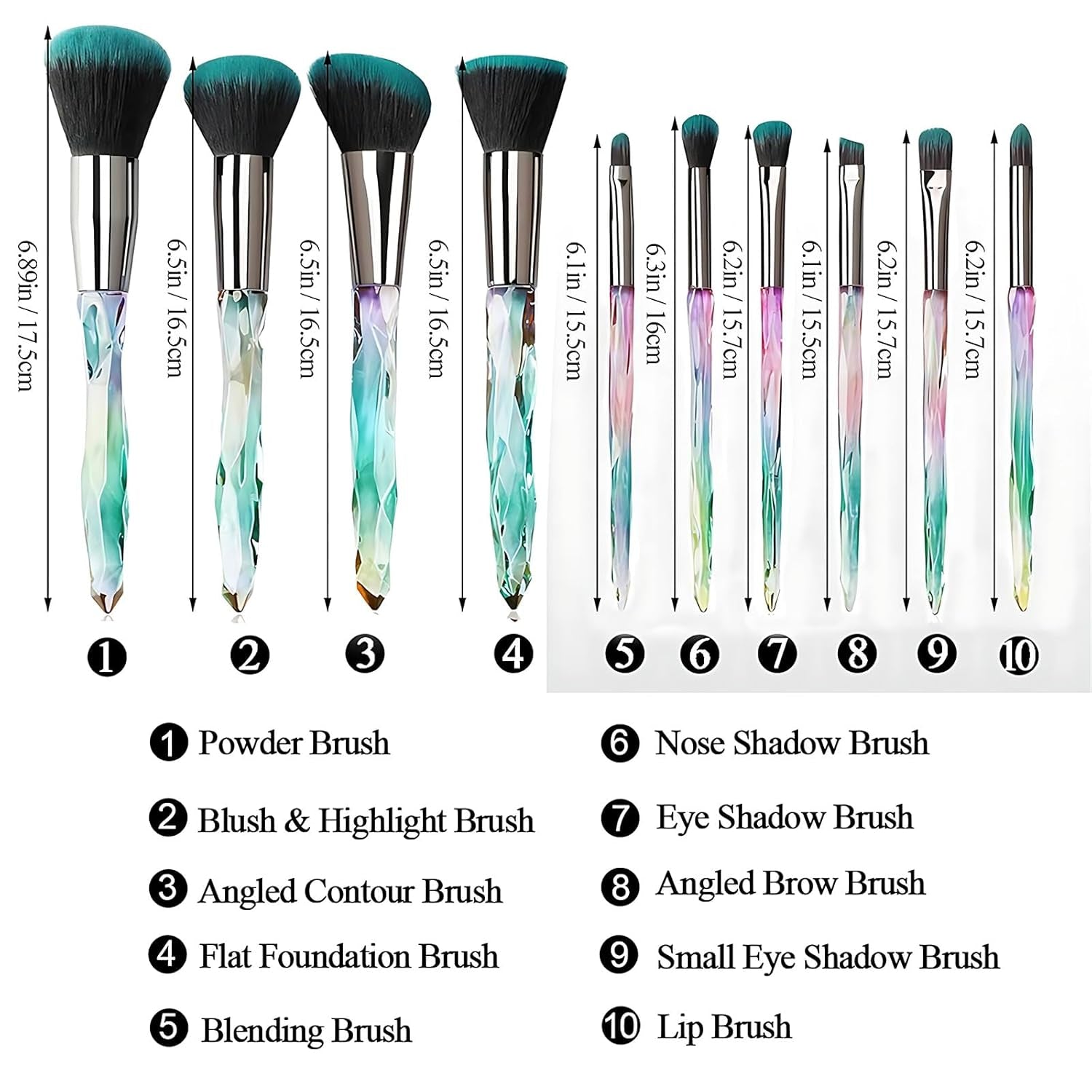 10-Piece Premium Synthetic Makeup Brush Set with Crystal Handles - Professional Face and Eye Brushes for Foundation, Concealer, and Eyeshadow