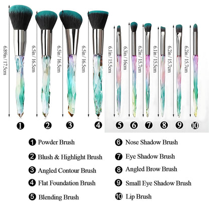 10-Piece Premium Synthetic Makeup Brush Set with Crystal Handles - Professional Face and Eye Brushes for Foundation, Concealer, and Eyeshadow