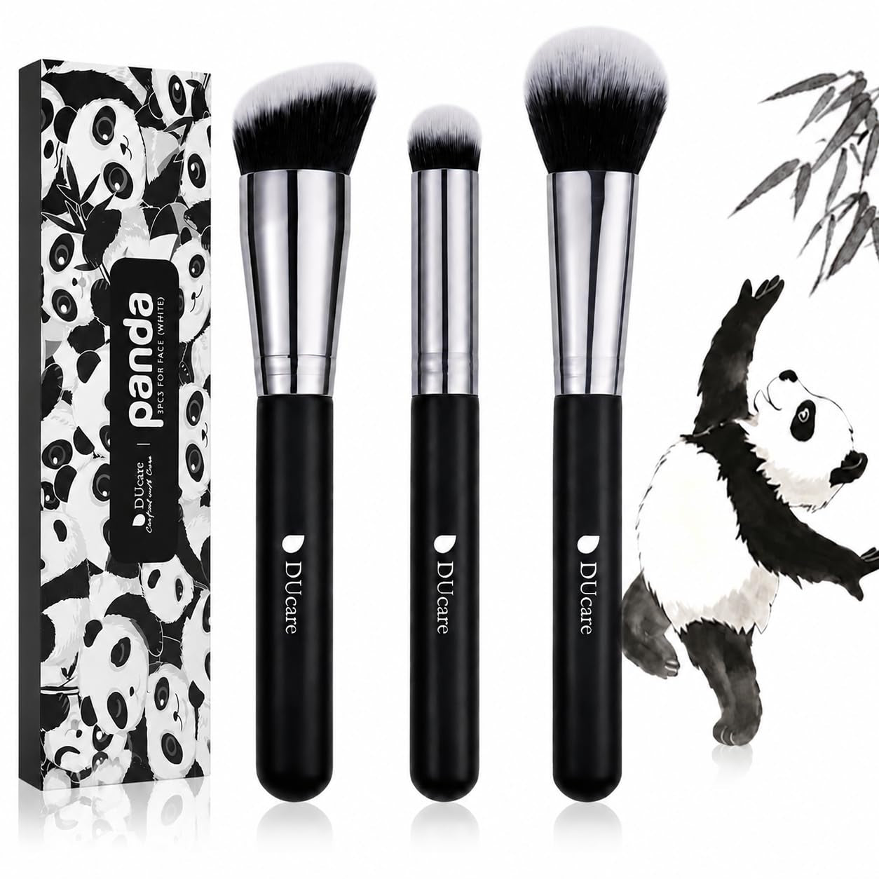 3-Piece Professional Foundation and Contour Brush Set, Angled Synthetic Kabuki Brushes for Blending, Setting, and Buffing with Liquid, Cream, and Powder Cosmetics (Black)