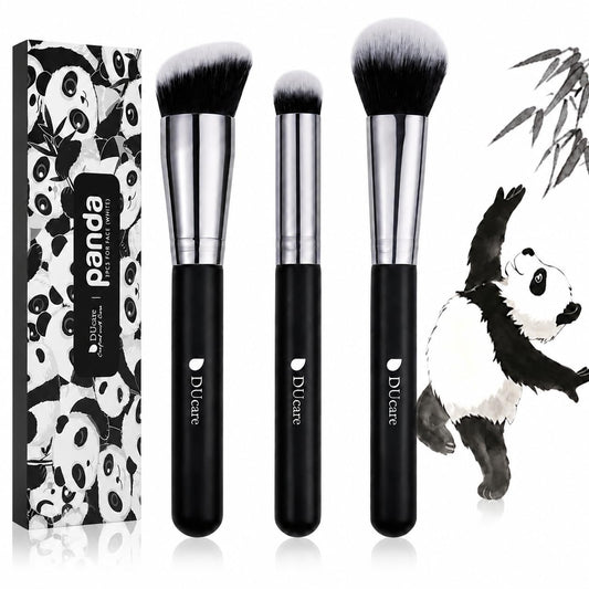 3-Piece Professional Foundation and Contour Brush Set, Angled Synthetic Kabuki Brushes for Blending, Setting, and Buffing with Liquid, Cream, and Powder Cosmetics (Black)